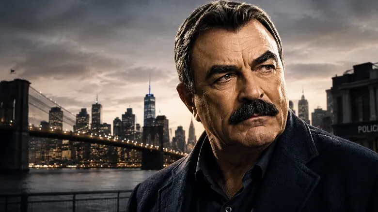 Tom Selleck-style police drama portrait with a New York city backdrop