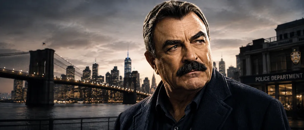 Tom Selleck-style police drama portrait with a New York city backdrop