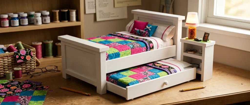Handmade white wooden trundle bed for American Girl dolls with colorful patchwork quilts, sitting on a workshop desk with crafting supplies nearby.
