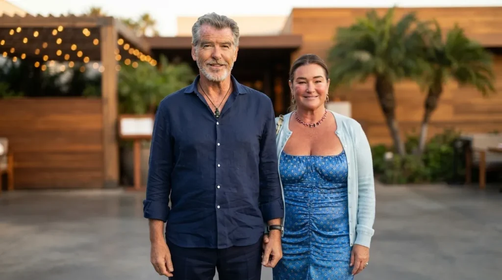 Pierce Brosnan (in a navy blue button-down and necklace) and wife Keely Shaye Smith (in a blue patterned dress and light cardigan) smiling together outside a restaurant.