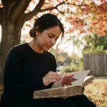 Candid outdoor photo of Selena seated under a maple tree, looking down with a tender expression at a worn, vintage book in her lap. A single, brittle red maple leaf, just fallen from the pages, rests on her palm as she touches it.