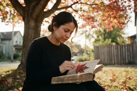 Candid outdoor photo of Selena seated under a maple tree, looking down with a tender expression at a worn, vintage book in her lap. A single, brittle red maple leaf, just fallen from the pages, rests on her palm as she touches it.