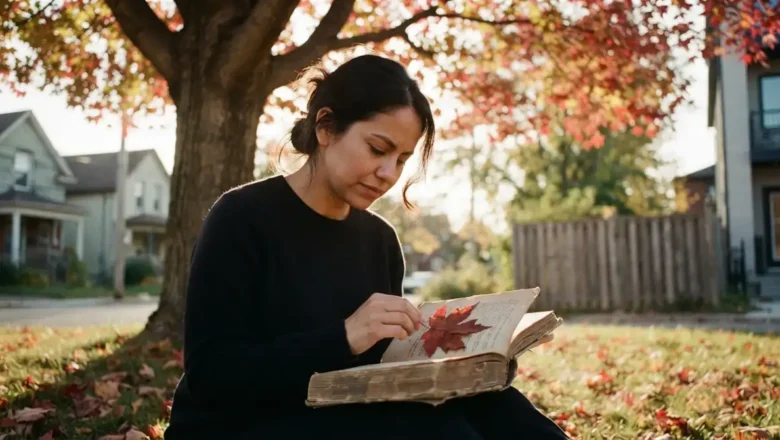 Candid outdoor photo of Selena seated under a maple tree, looking down with a tender expression at a worn, vintage book in her lap. A single, brittle red maple leaf, just fallen from the pages, rests on her palm as she touches it.
