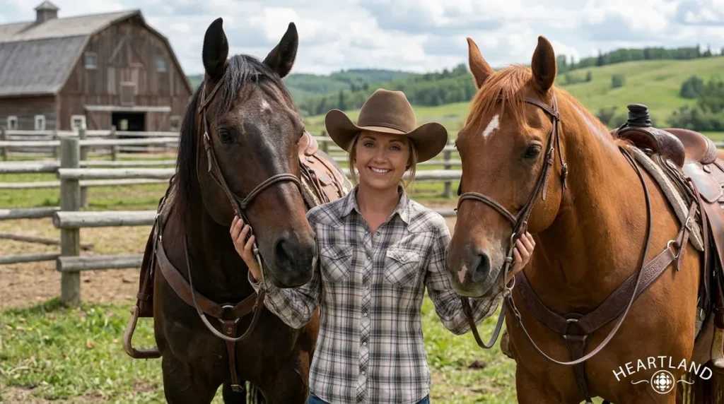 Amber Marshall, who plays Amy Fleming on Heartland, standing with horses in an Alberta field