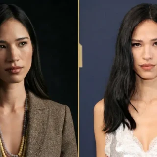 Better (More concise) Alt Text: Split photo showing Kelsey Asbille as Monica Dutton in 'Yellowstone' (left) and as herself at a glam red carpet event (right).
