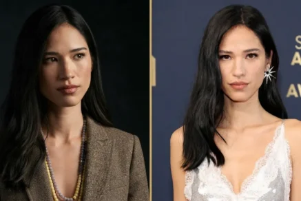 Better (More concise) Alt Text: Split photo showing Kelsey Asbille as Monica Dutton in 'Yellowstone' (left) and as herself at a glam red carpet event (right).