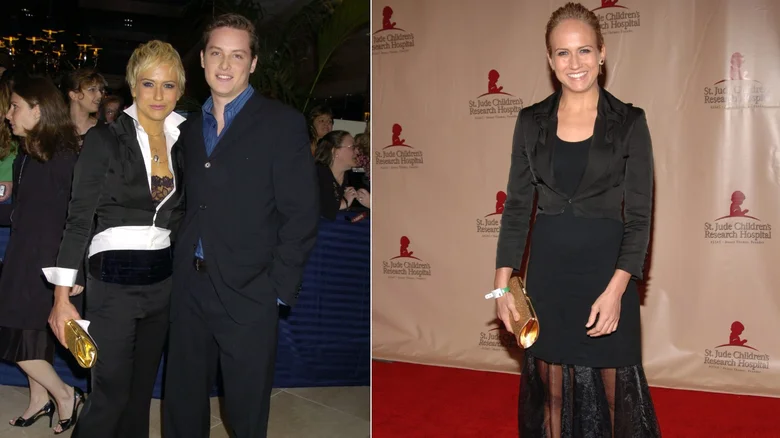Jen Landon 2005 indie-sleaze red carpet look, moto boots and slouchy suit