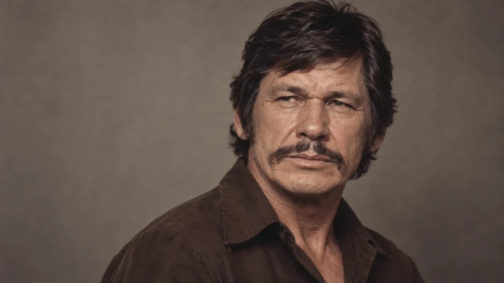 Charles Bronson with a mustache and brown jacket against a plain background.
