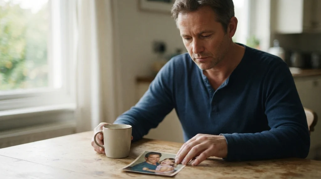 Middle-aged father sitting alone by a window reflecting on a photograph.