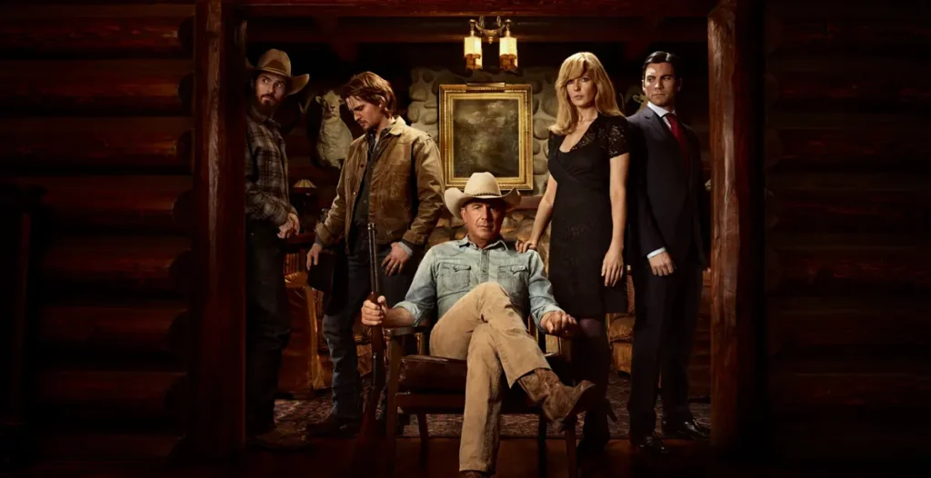Main cast members of the television series Yellowstone posing together for a promotional portrait