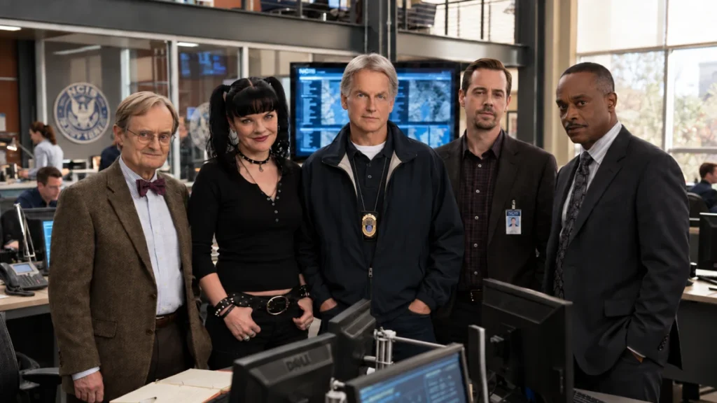 Cast of NCIS assembled together in the squad room