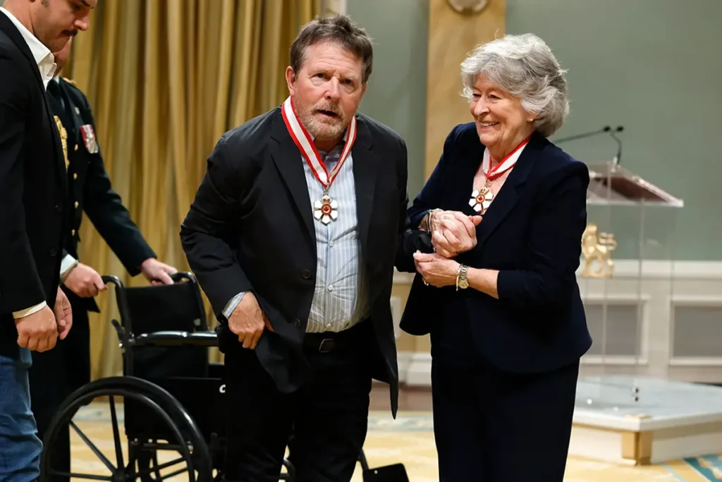 Michael J. Fox wearing the Order of Canada medal during a ceremony at Rideau Hall in Ottawa in October 2026.