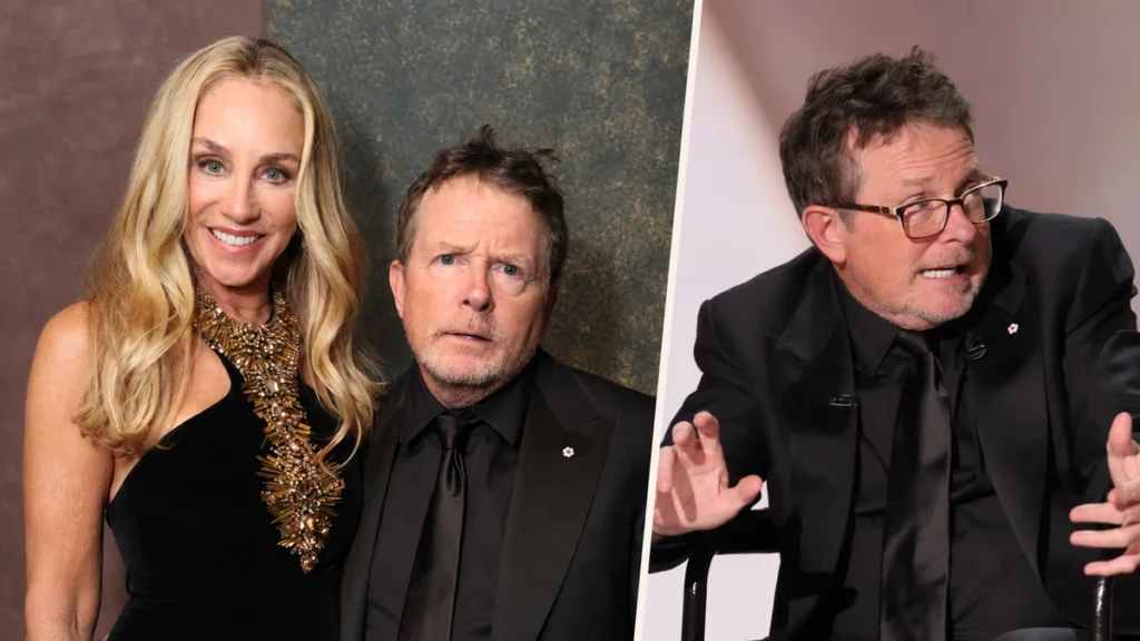 Michael J. Fox with Tracy Pollan and speaking onstage at the 2026 Emmy Awards.