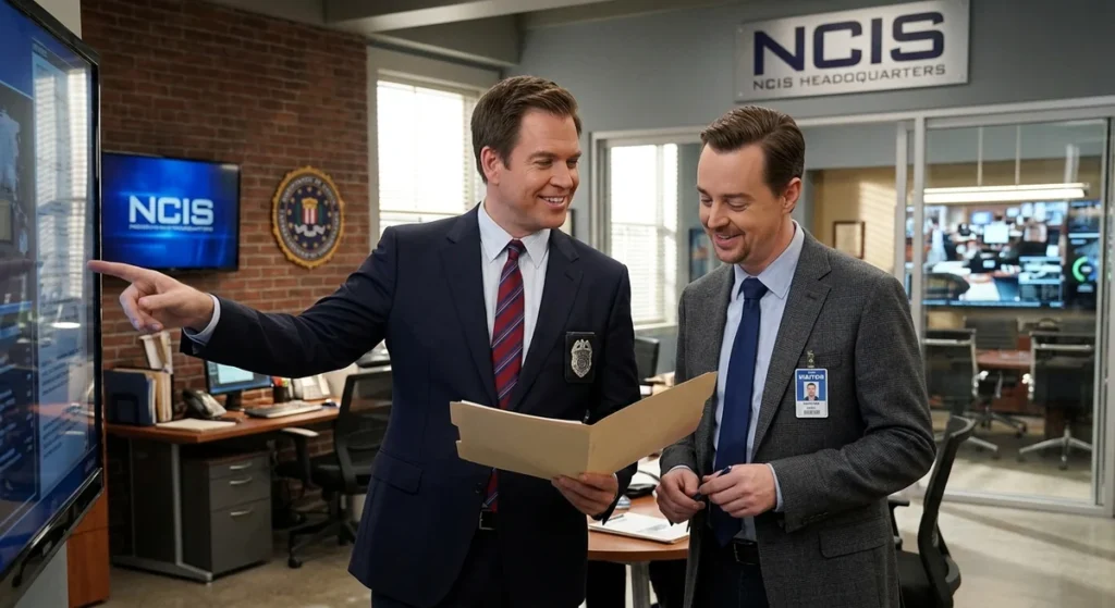 Michael Weatherly as NCIS Director Tony DiNozzo with Sean Murray as Timothy McGee at NCIS headquarters